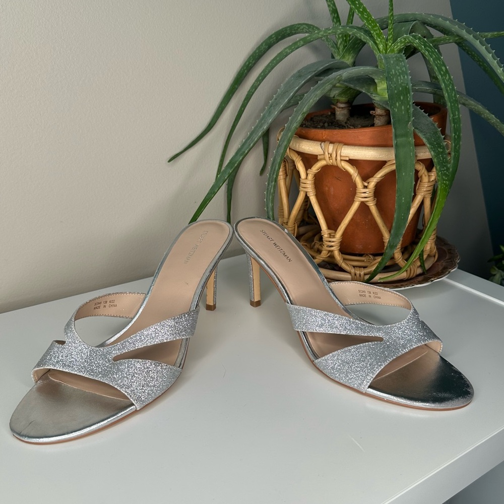 Stuart Weitzman Silver Glitter Mule Heels Size 11 | Party Wedding Shoe - Picture 4 of 13